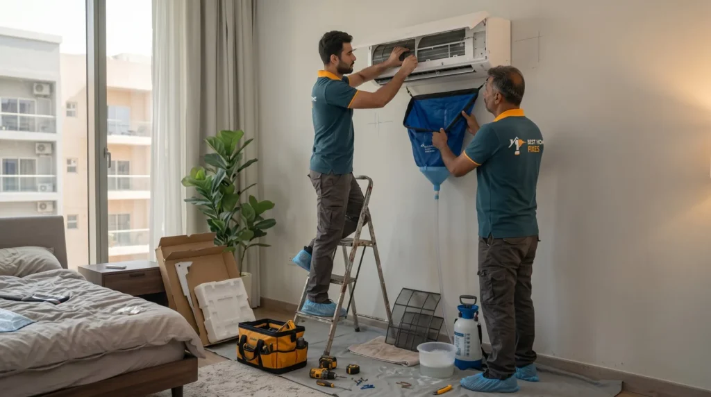 Best Home Fixes technicians servicing a split AC unit in a Dubai bedroom, cleaning the coil with a wash bag