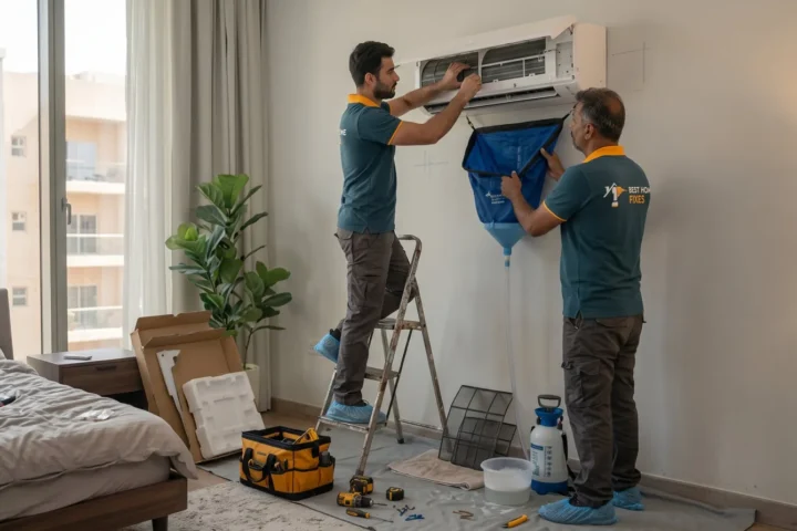 Best Home Fixes technicians servicing a split AC unit in a Dubai bedroom, cleaning the coil with a wash bag