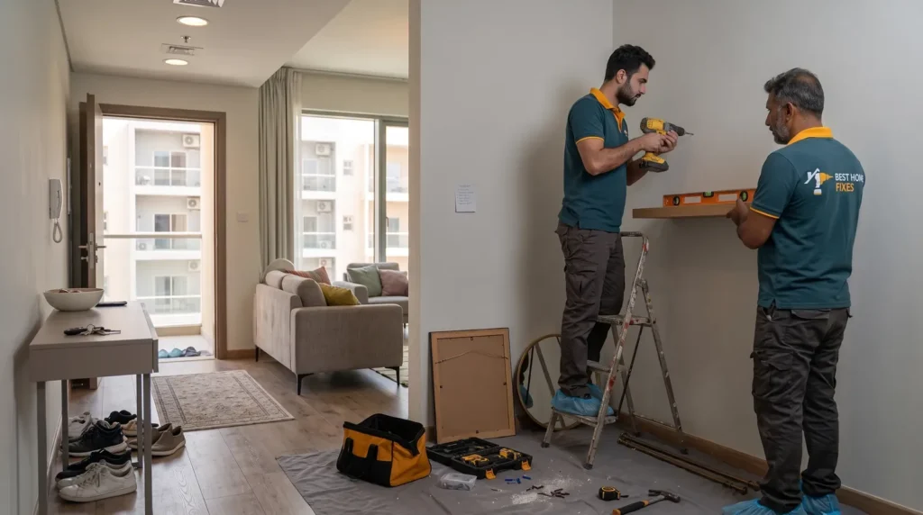 Best Home Fixes handymen installing a floating shelf in a Dubai apartment