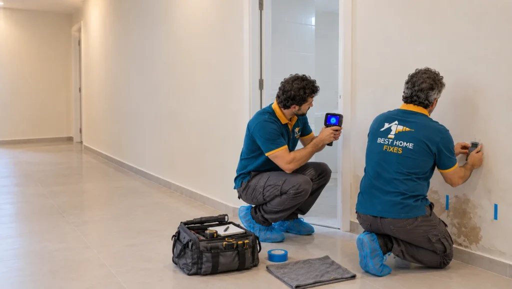 Best Home Fixes technicians checking a damp wall for hidden leaks in a Dubai apartment