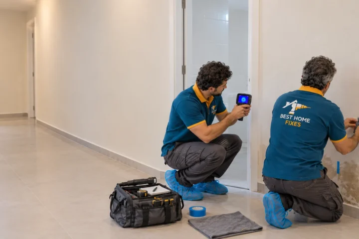 Best Home Fixes technicians checking a damp wall for hidden leaks in a Dubai apartment
