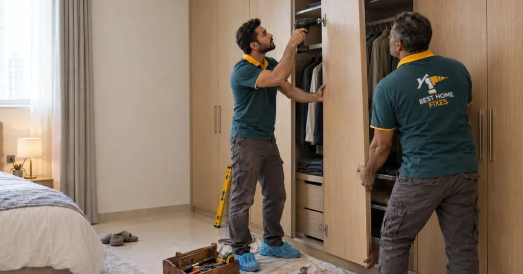 Best Home Fixes carpenters fixing and aligning wardrobe doors in a Dubai bedroom