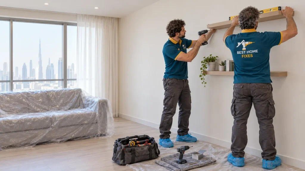 Best Home Fixes handymen installing floating shelves in a Dubai apartment with a skyline view