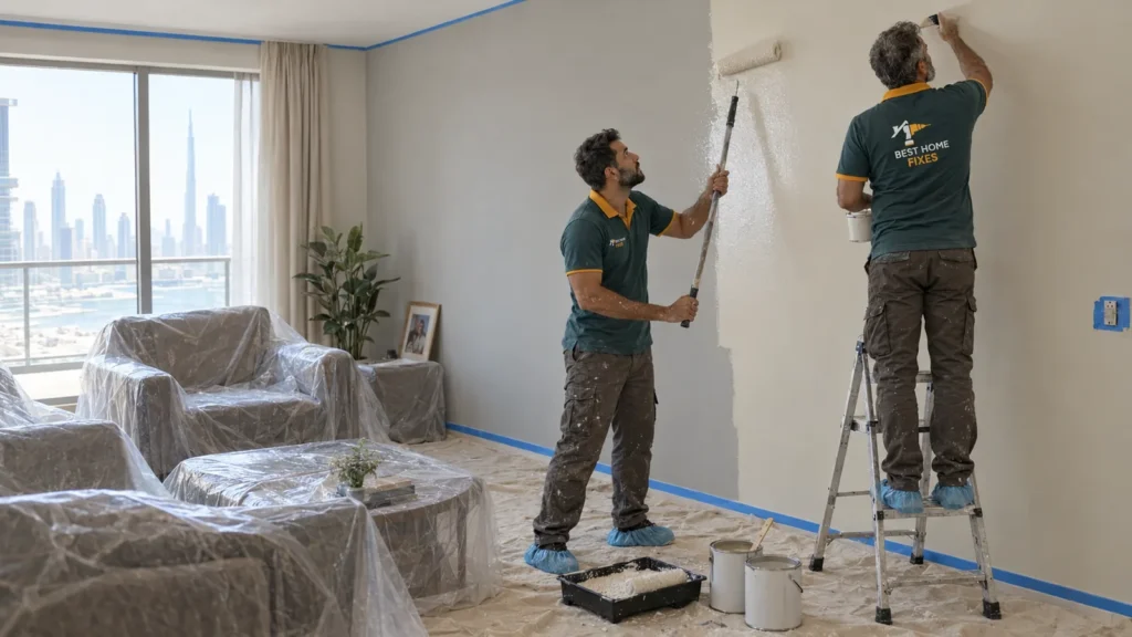 Best Home Fixes painters rolling fresh paint on a living room wall in a Dubai apartment