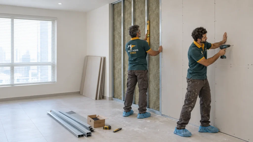 Best Home Fixes technicians building a gypsum partition wall with metal studs and insulation in a Dubai apartment
