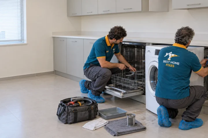 Best Home Fixes technicians installing and repairing a dishwasher and washing machine in a Dubai kitchen